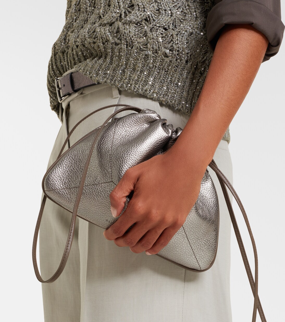Monili Small metallic leather shoulder bag | Brunello Cucinelli