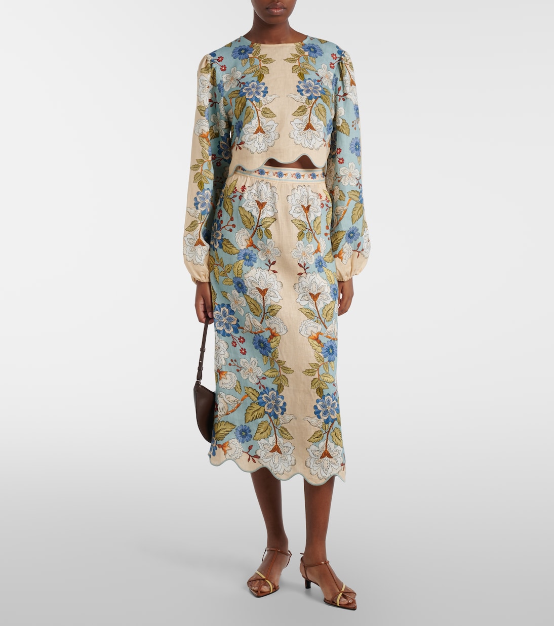 Falda midi de lino festoneada floral | Farm Rio