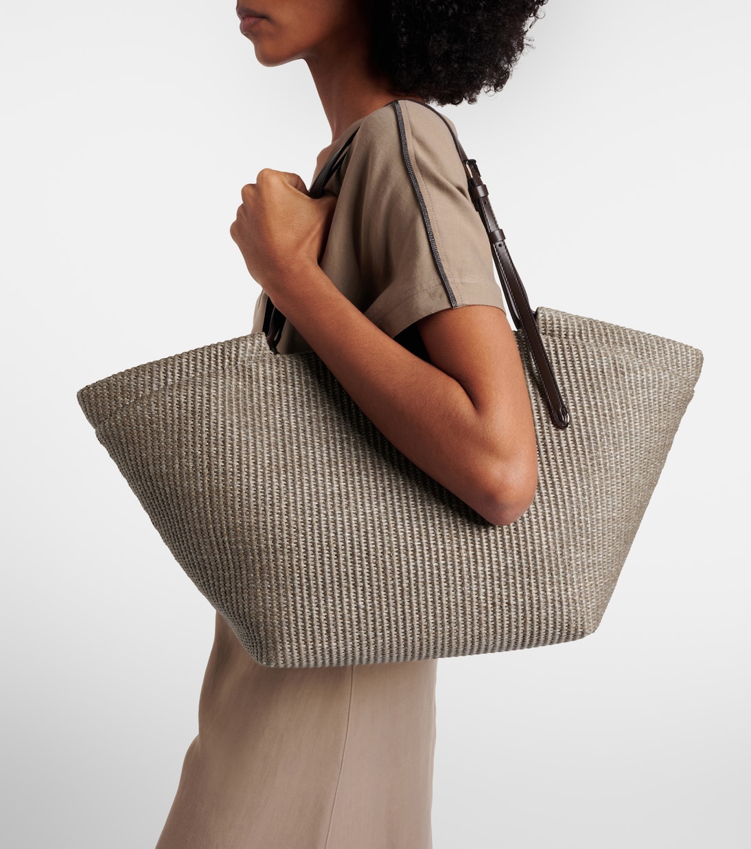 Leather-trimmed raffia tote bag | Brunello Cucinelli