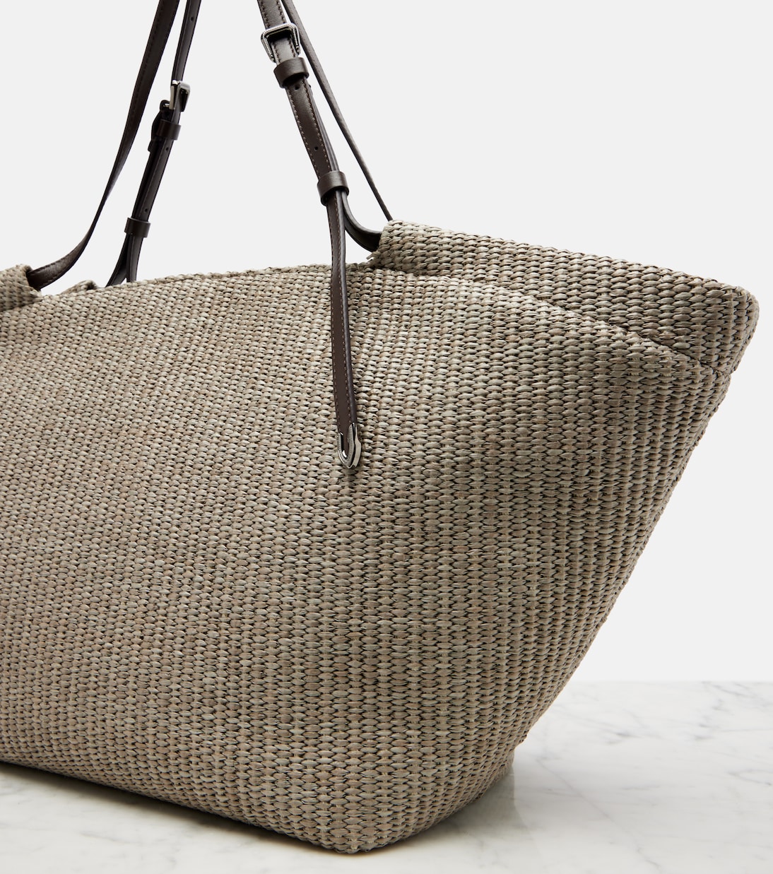 Leather-trimmed raffia tote bag | Brunello Cucinelli
