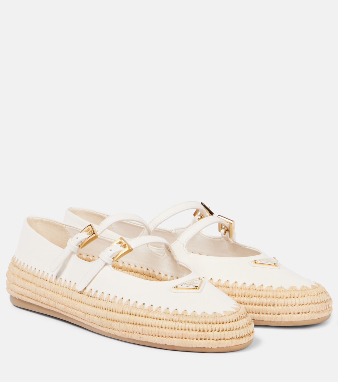 Leather and raffia Mary Jane flats | Prada