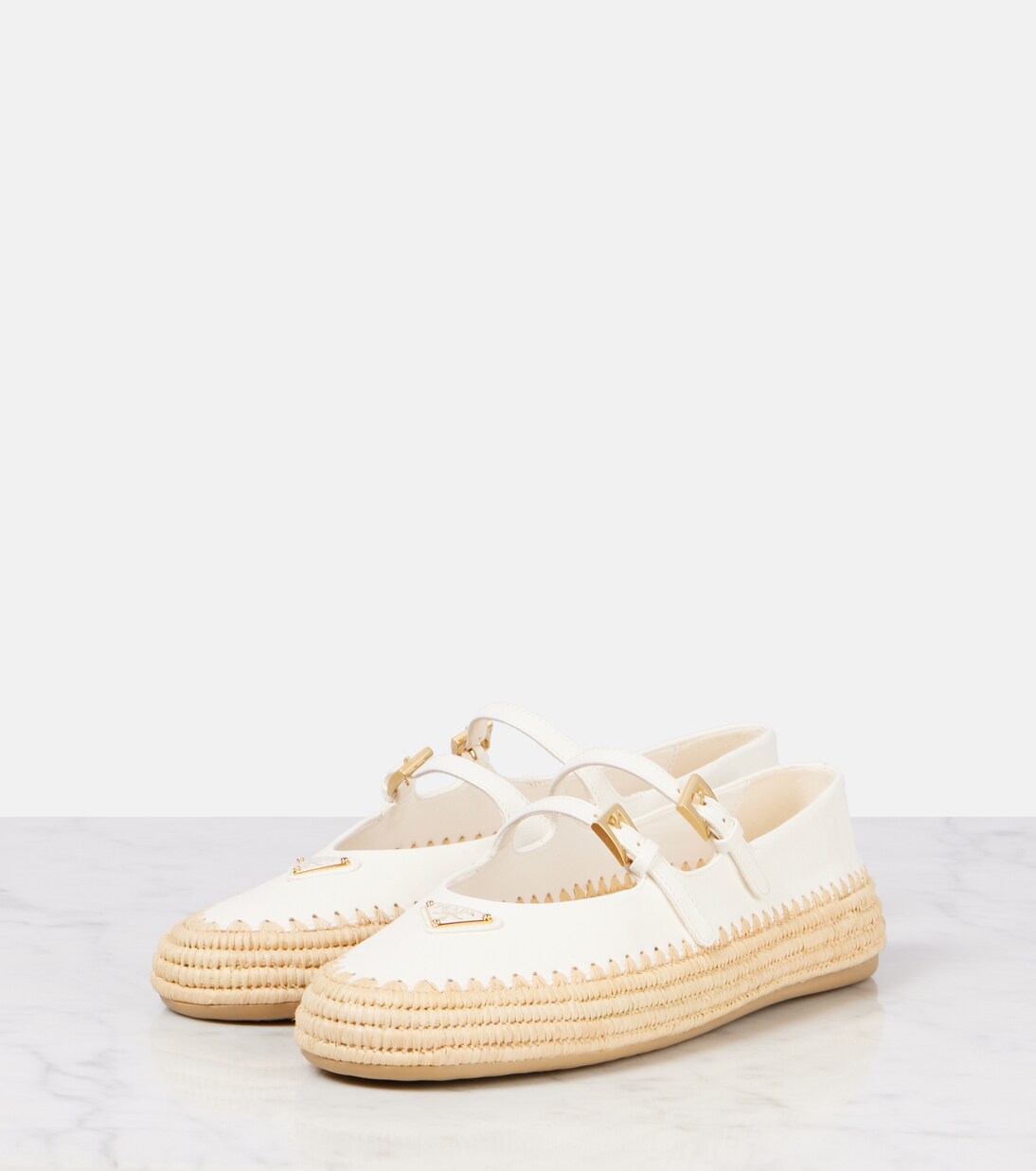 Leather and raffia Mary Jane flats | Prada