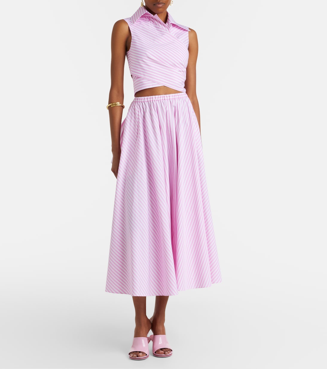 Pleated striped cotton poplin midi skirt | Patou