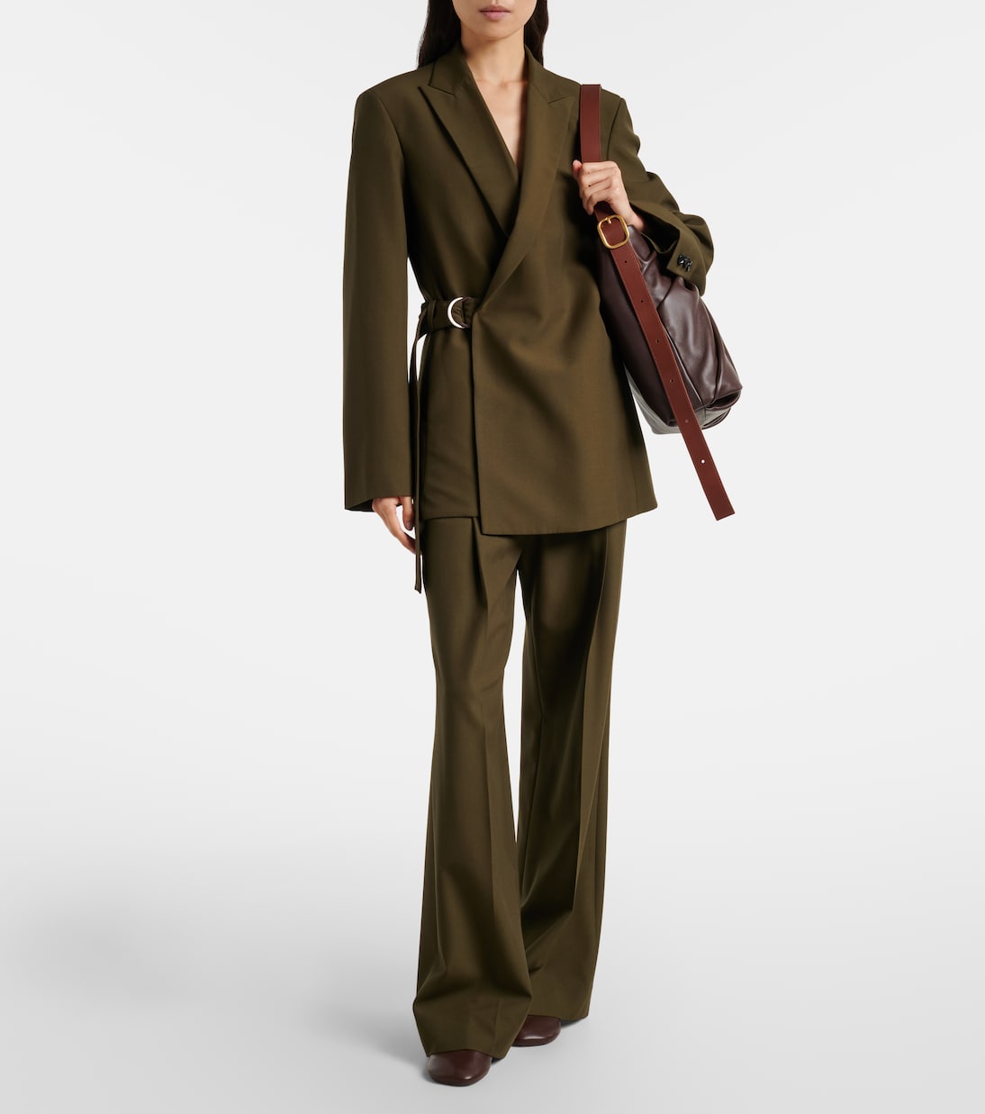 Leather-trimmed pleated wool flared pants | Loewe