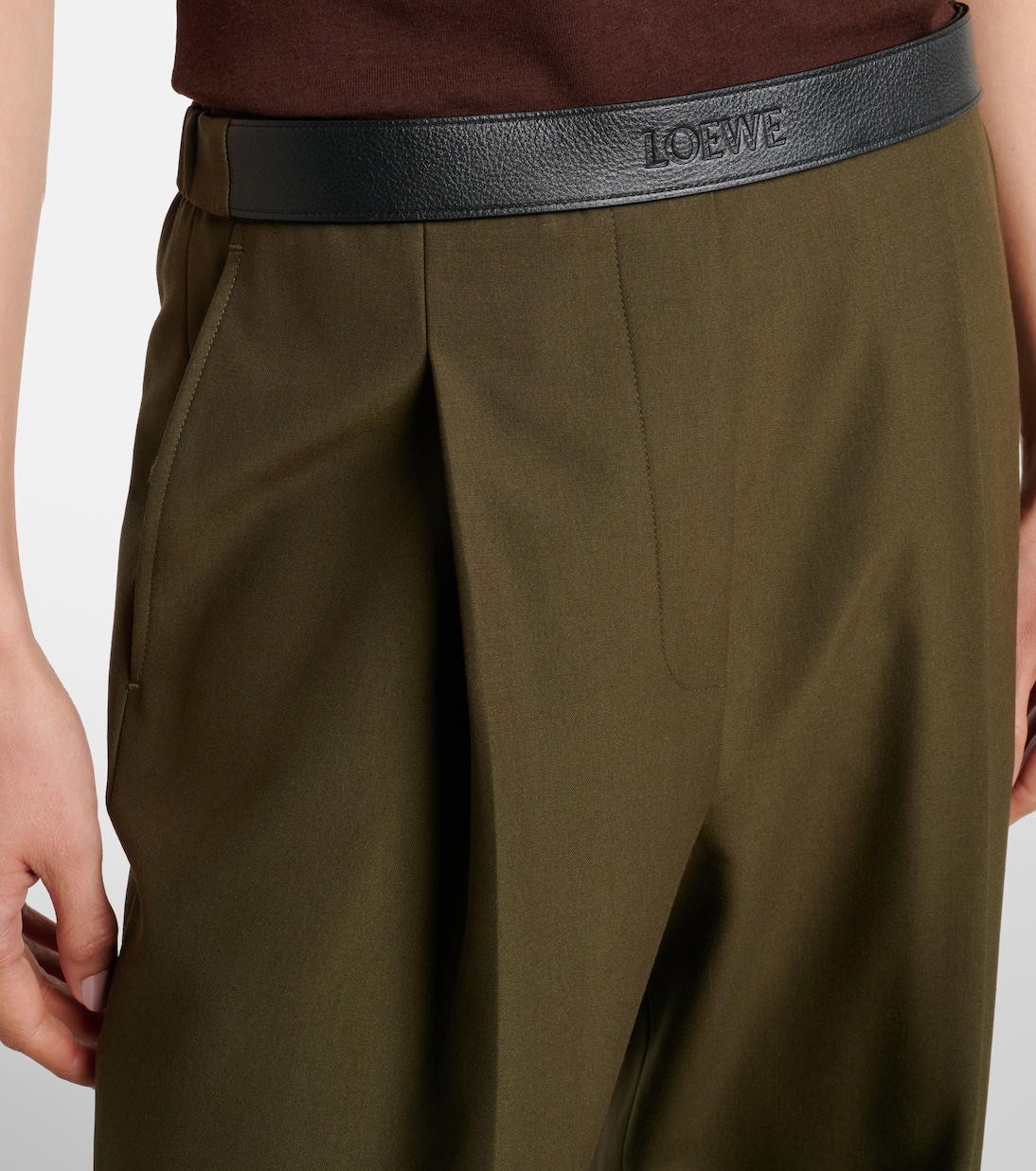 Leather-trimmed pleated wool flared pants | Loewe