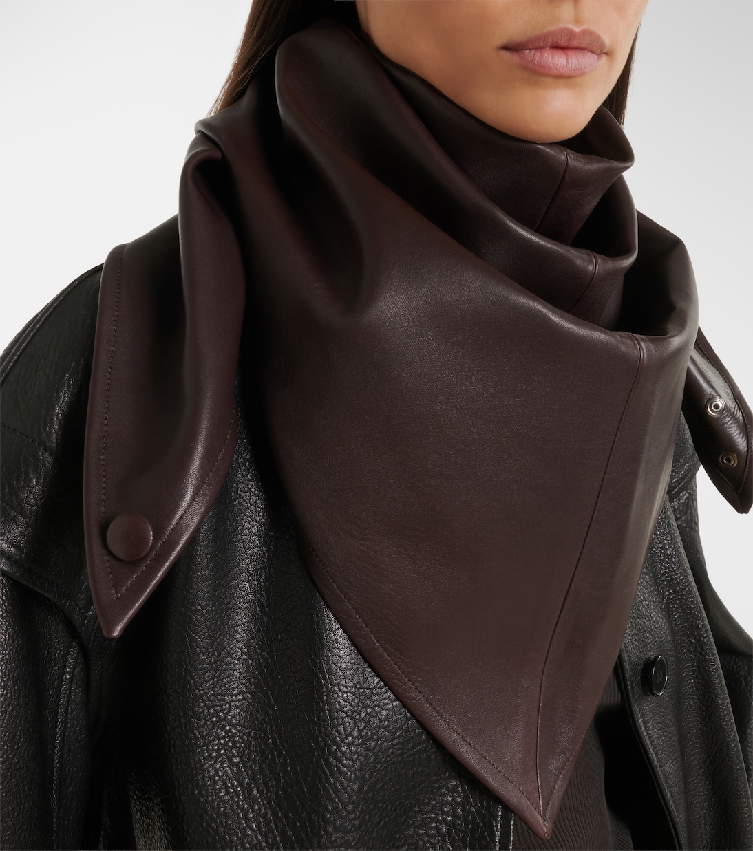 Draped leather hood | Nour Hammour