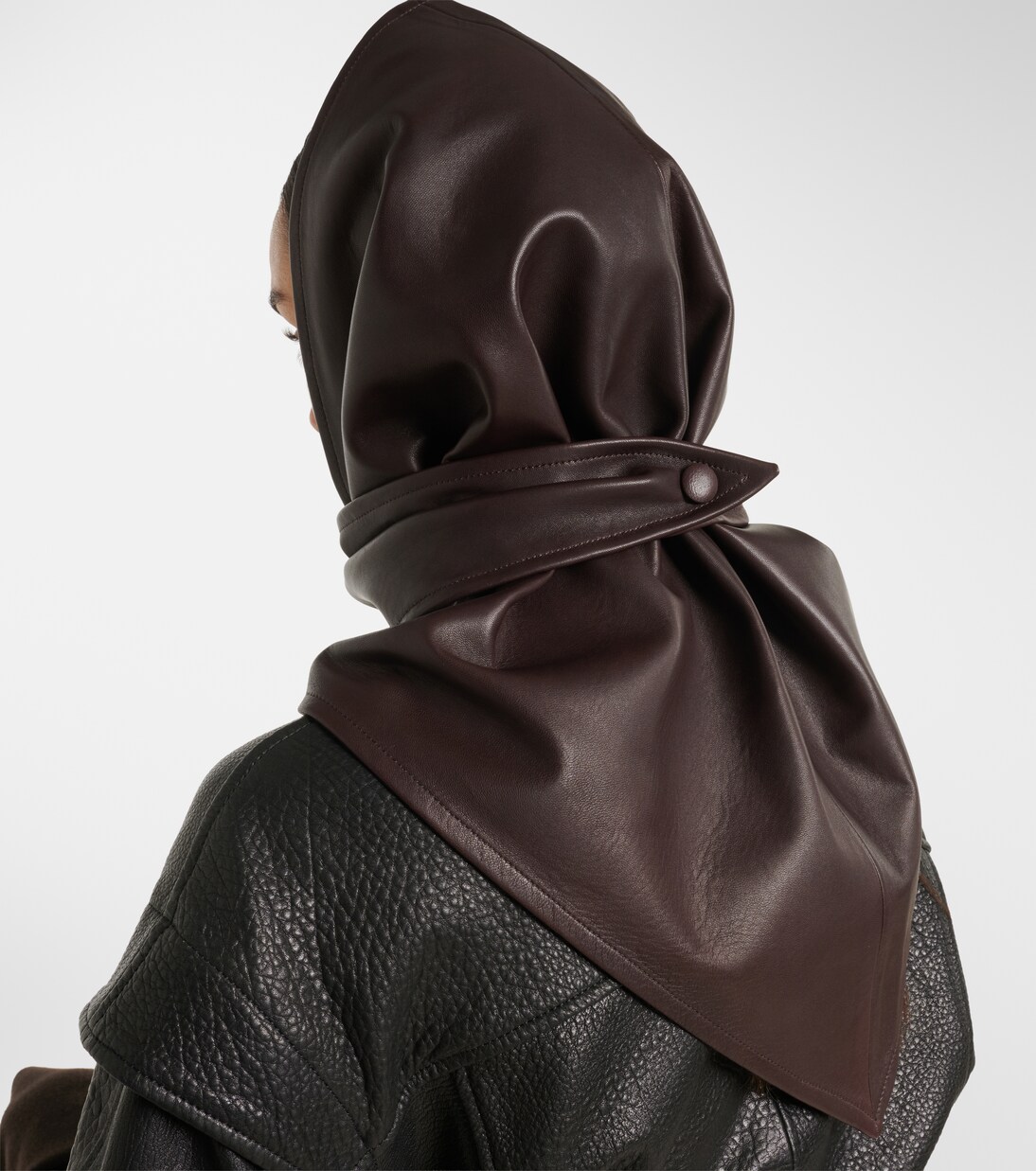 Draped leather hood | Nour Hammour