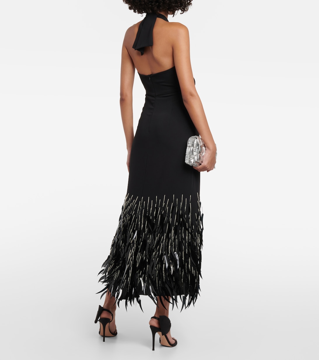 Maxikleid aus Crêpe mit Federn | Johanna Ortiz