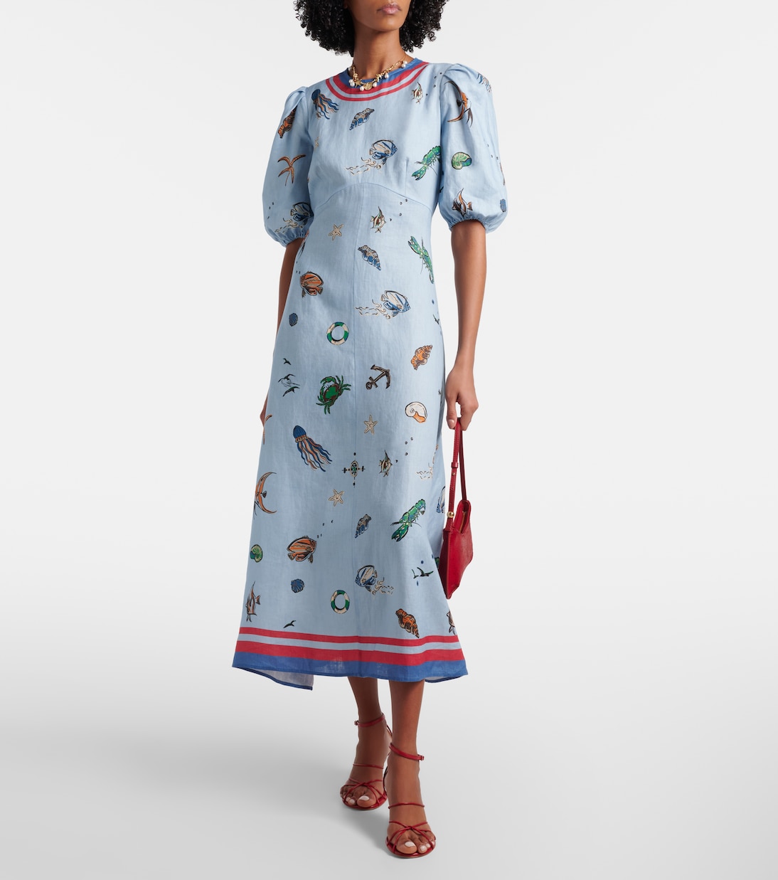 印花亚麻中长连衣裙 | Alémais