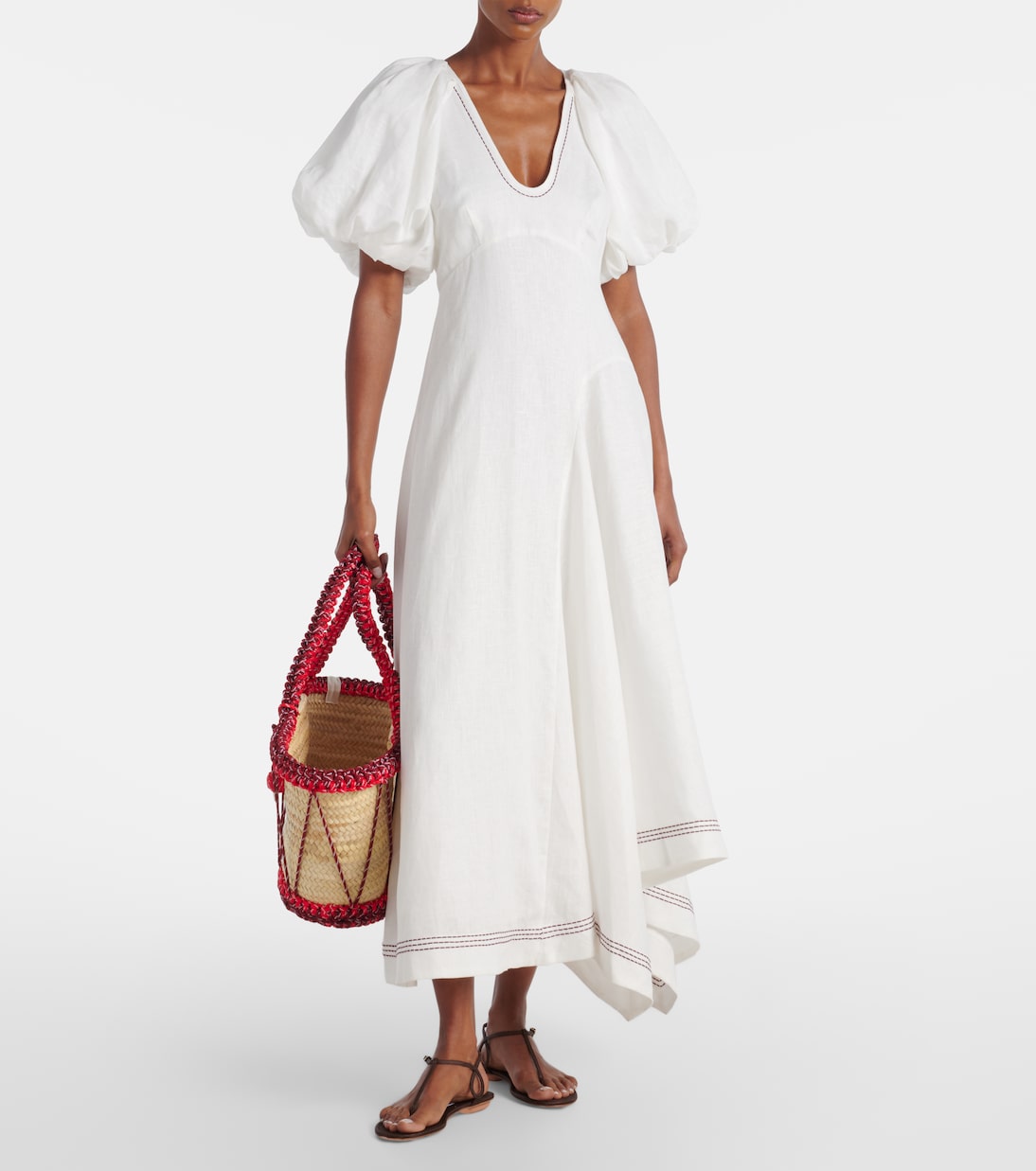 Abito midi Magnolia in lino con ricamo | Alémais