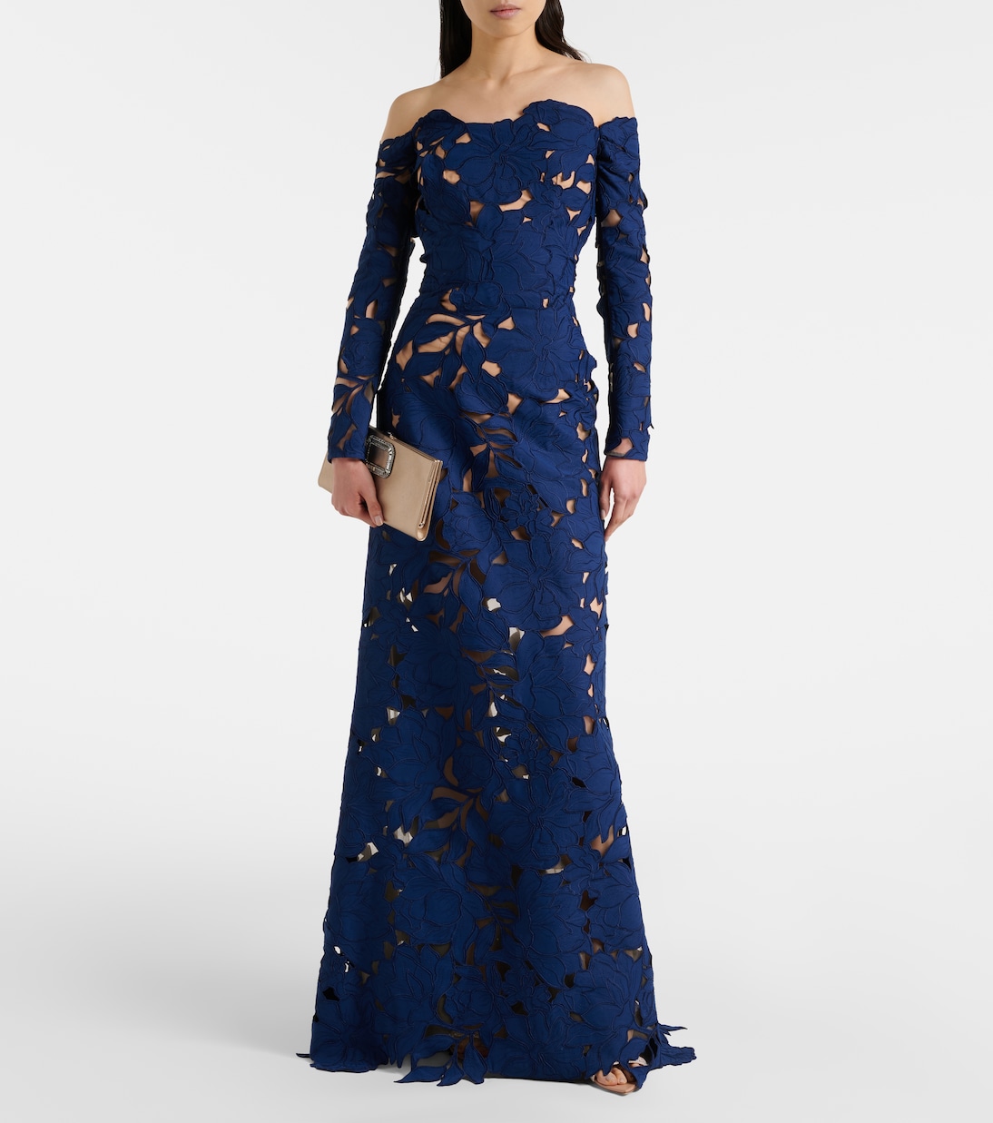 Off-shoulder guipure lace gown | Costarellos