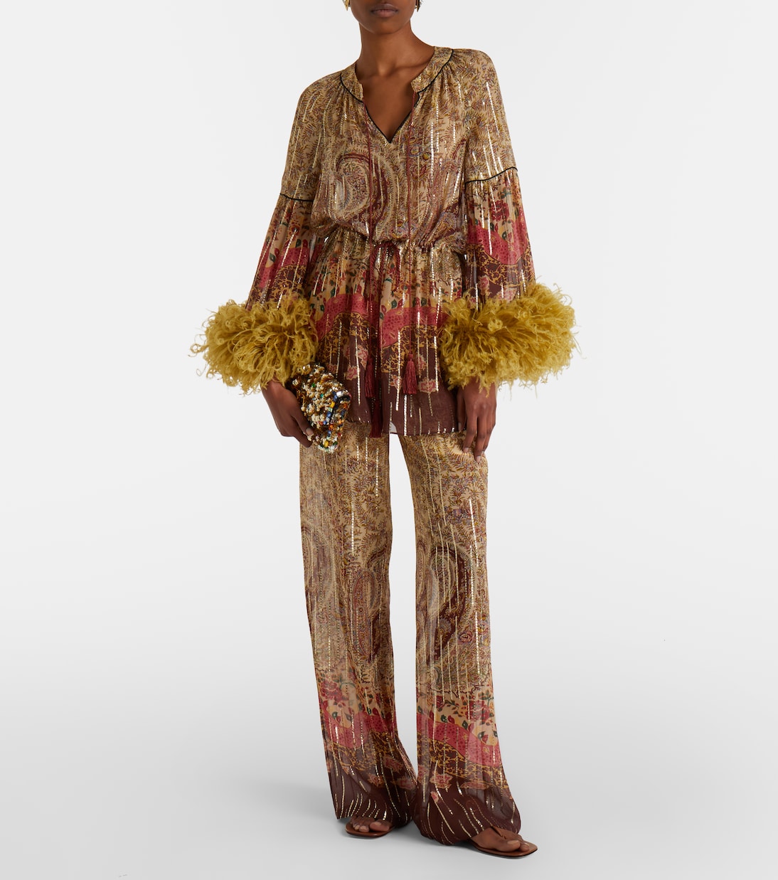 Paisley feather-trimmed silk-blend blouse | Valentino