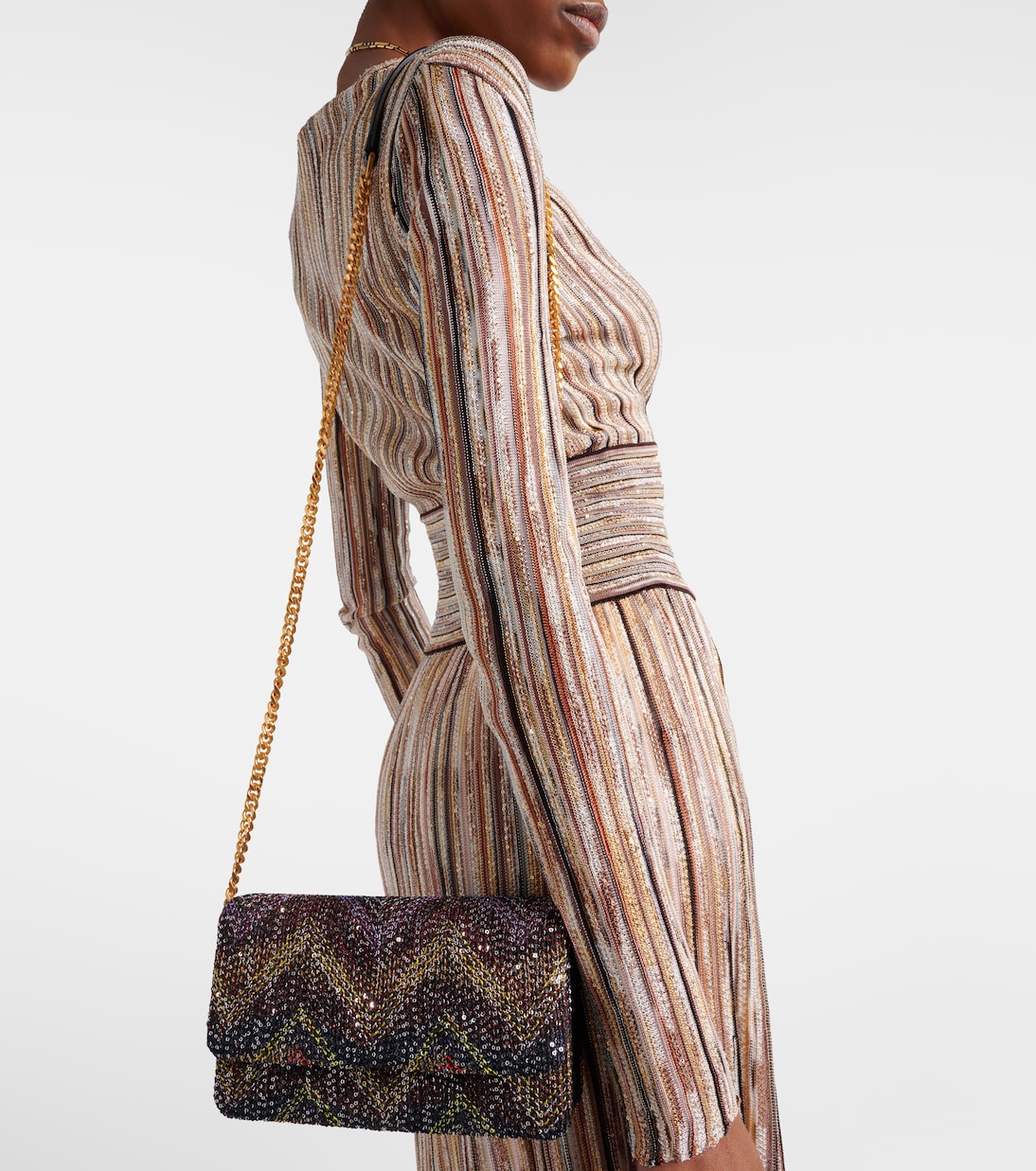 Caperdoni Small leather-trimmed sequined crossbody bag | Missoni
