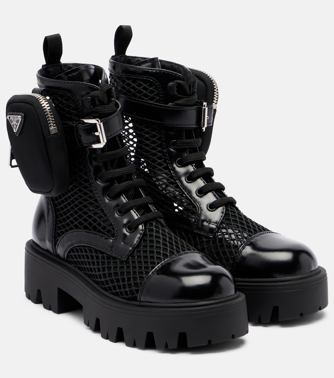 Leather-trimmed mesh combat boots | Prada