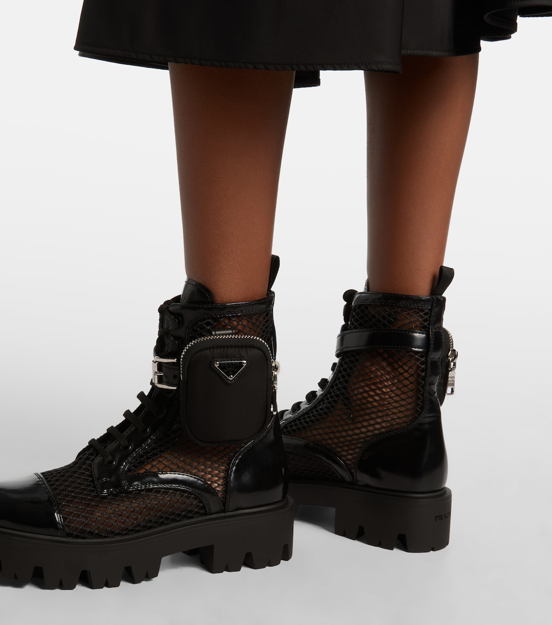 Leather-trimmed mesh combat boots | Prada
