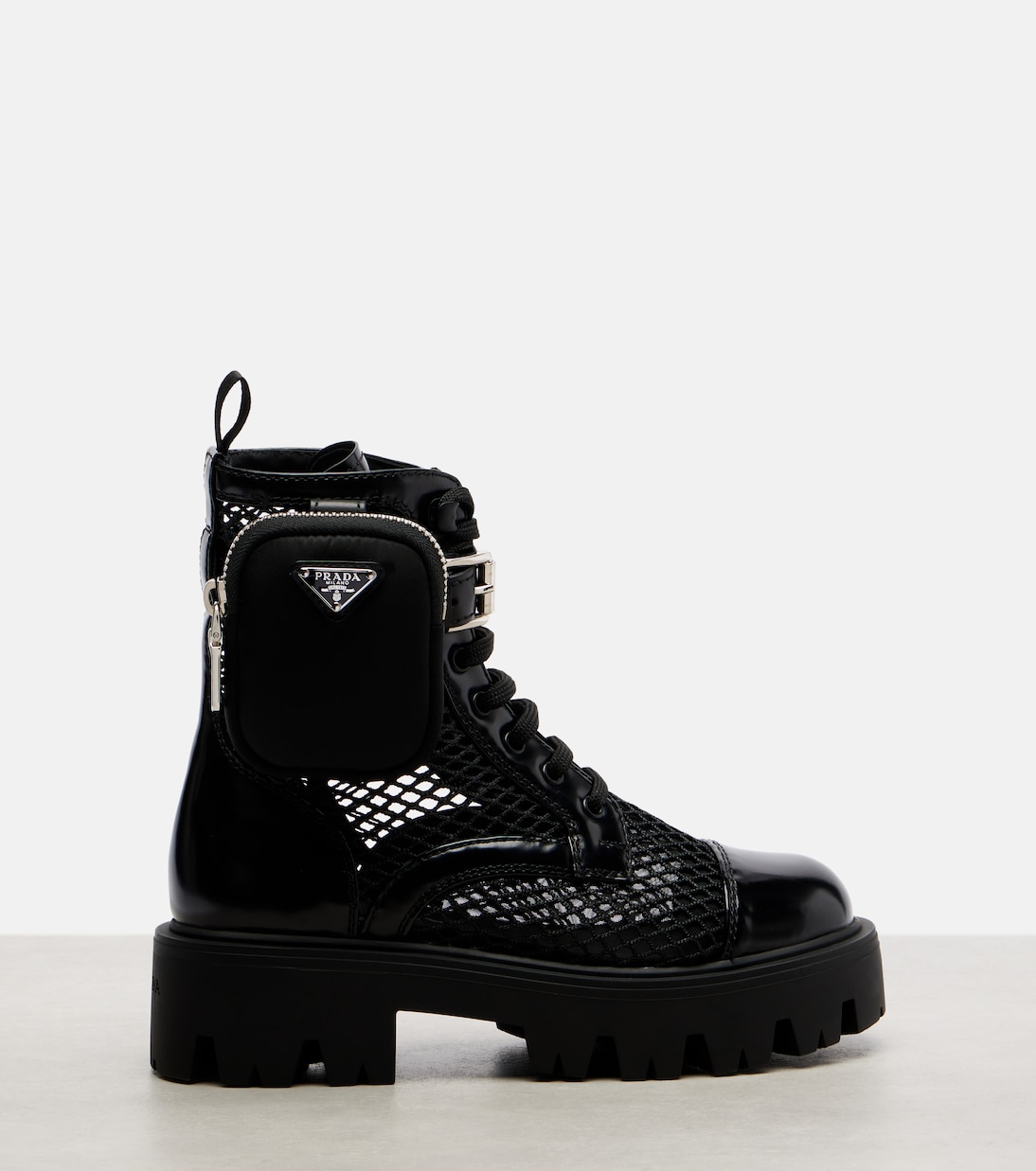 Leather-trimmed mesh combat boots | Prada