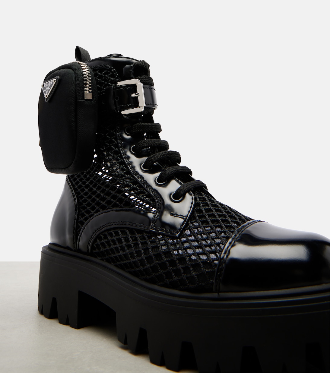 Leather-trimmed mesh combat boots | Prada