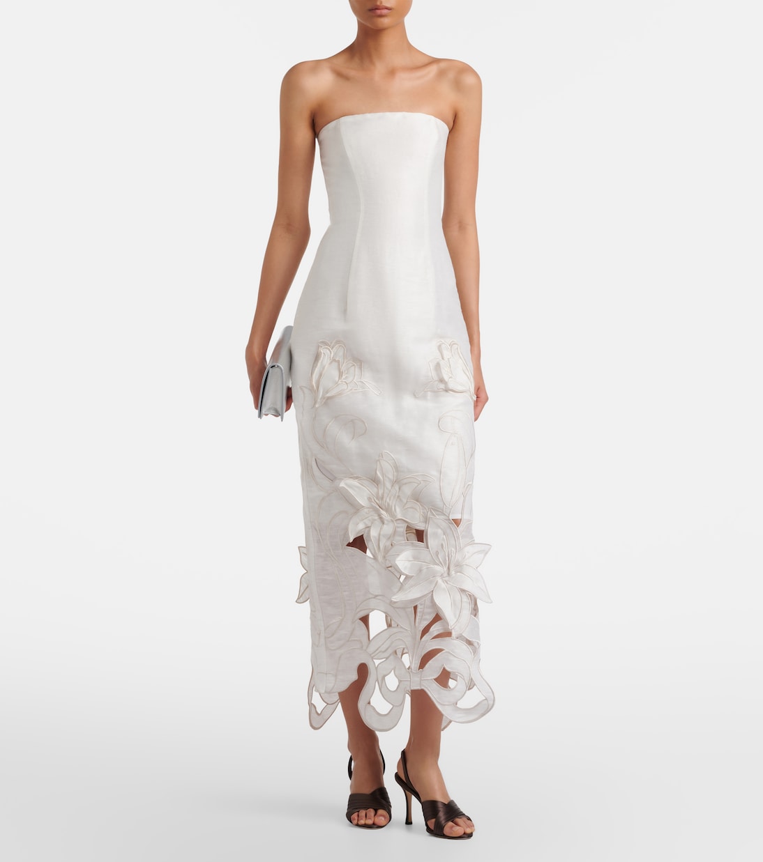 Rayna floral-appliqué linen-blend bustier gown | Leo Lin
