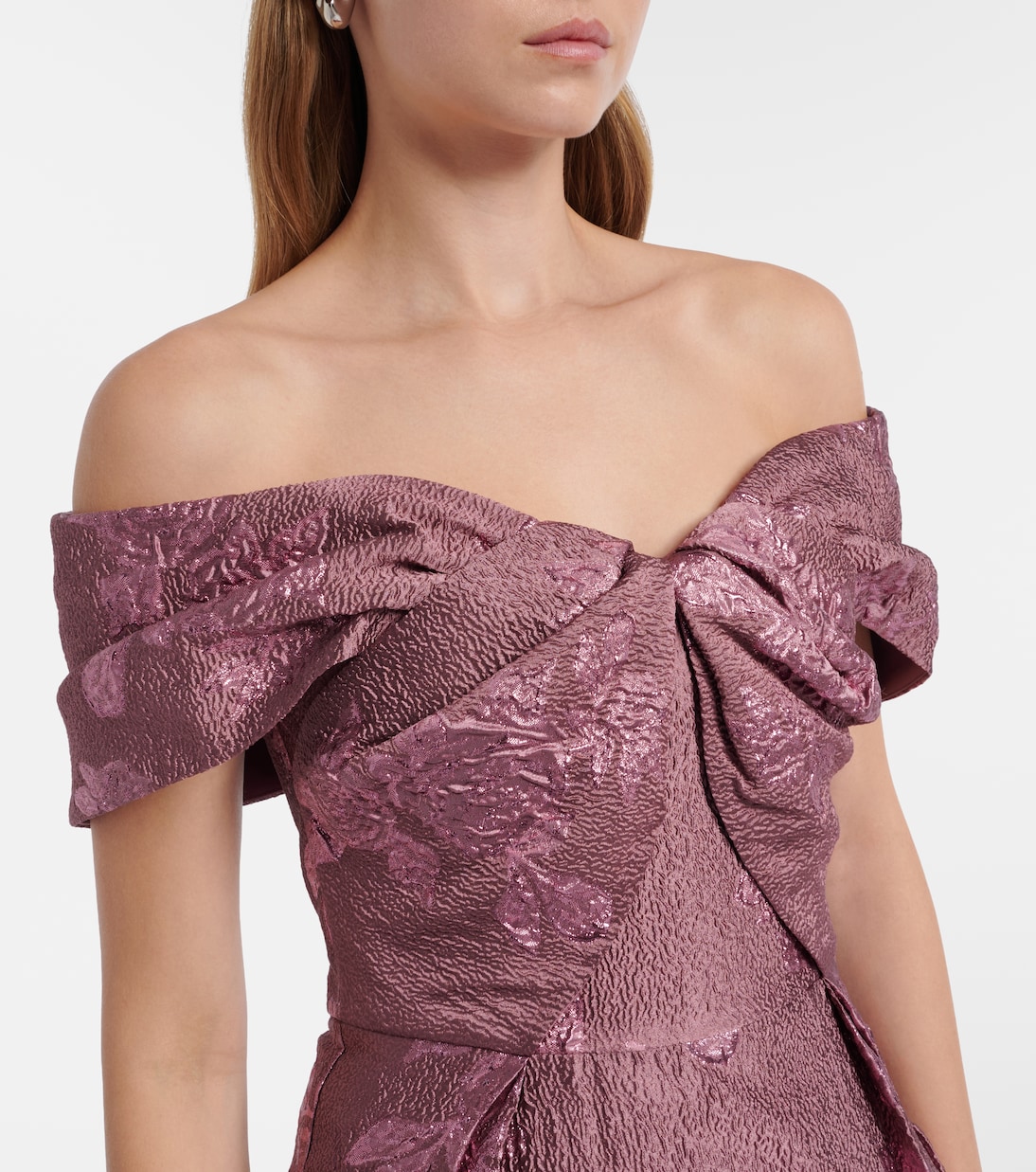 Levinia off-shoulder brocade gown | Rebecca Vallance