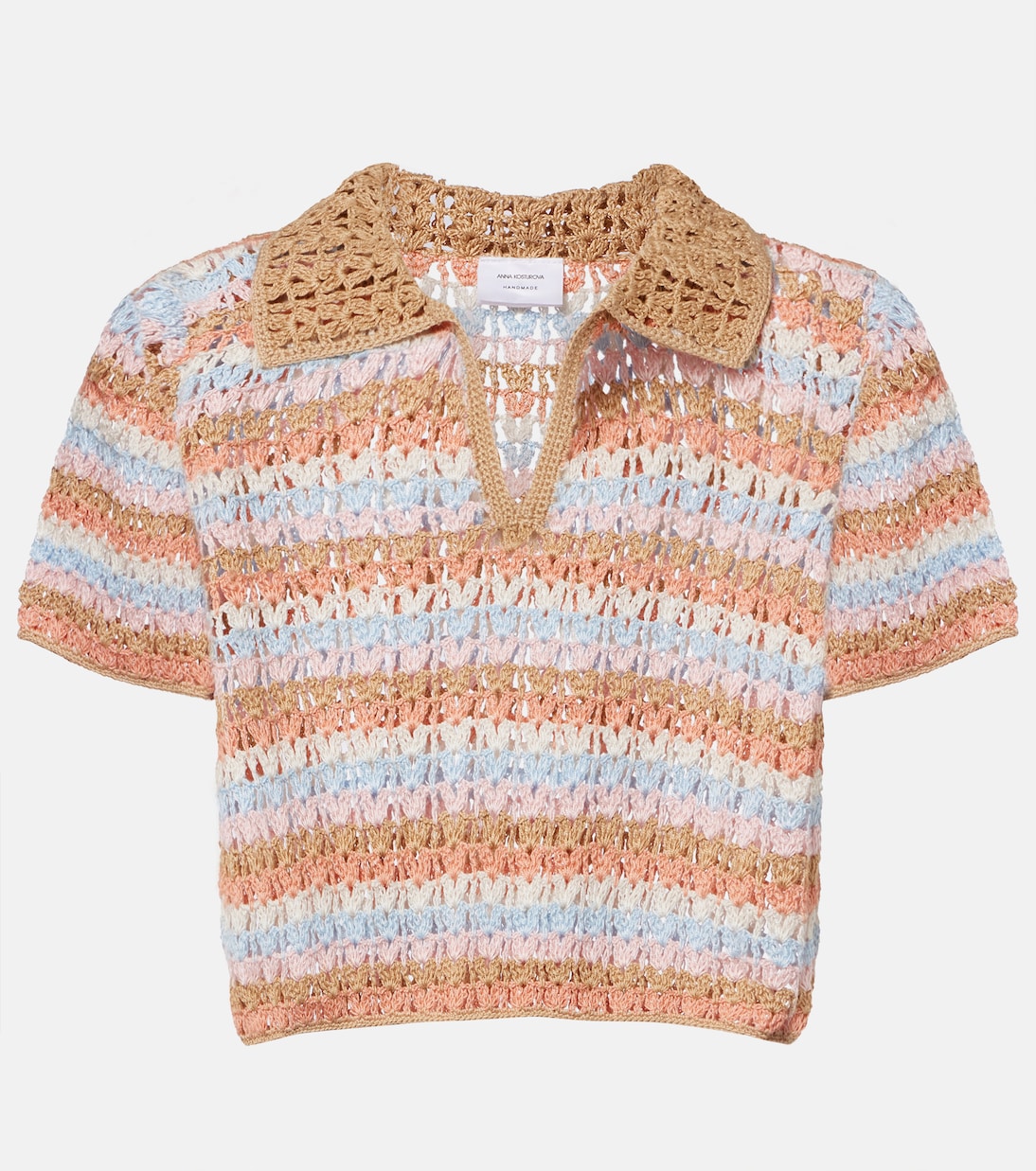 Crochet striped cotton polo shirt | Anna Kosturova