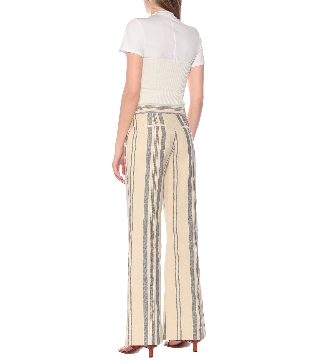 Pantalon évasé rayé en coton et lin à taille haute | Monse