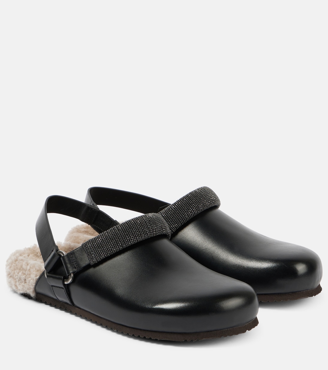 Verzierte Slippers aus Leder mit Shearling | Brunello Cucinelli
