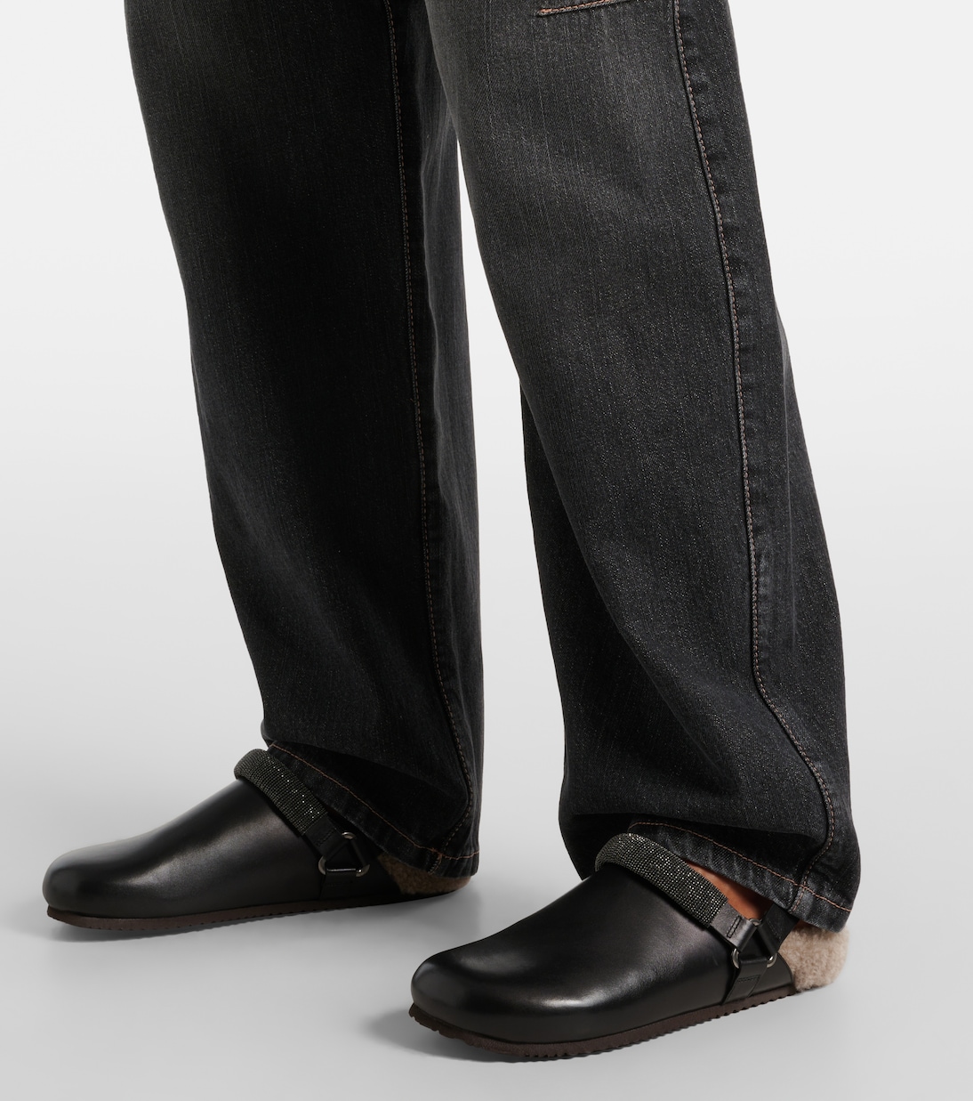 Verzierte Slippers aus Leder mit Shearling | Brunello Cucinelli