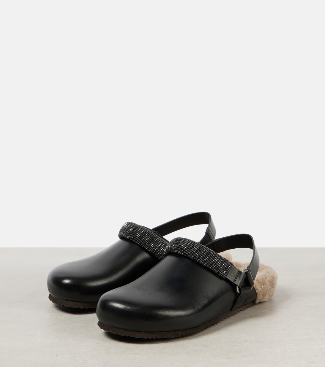 Verzierte Slippers aus Leder mit Shearling | Brunello Cucinelli