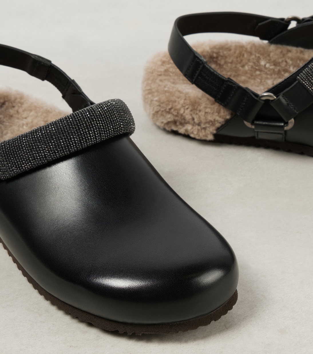 Verzierte Slippers aus Leder mit Shearling | Brunello Cucinelli
