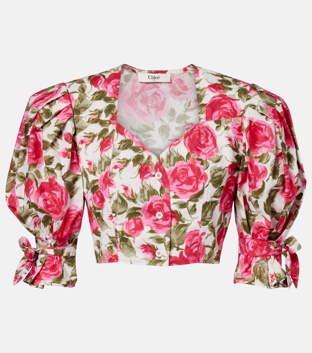 Floral cropped puff-sleeve cotton blouse | Chloé