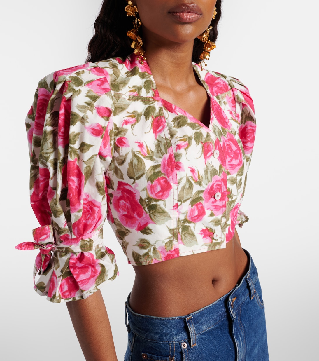 Floral cropped puff-sleeve cotton blouse | Chloé