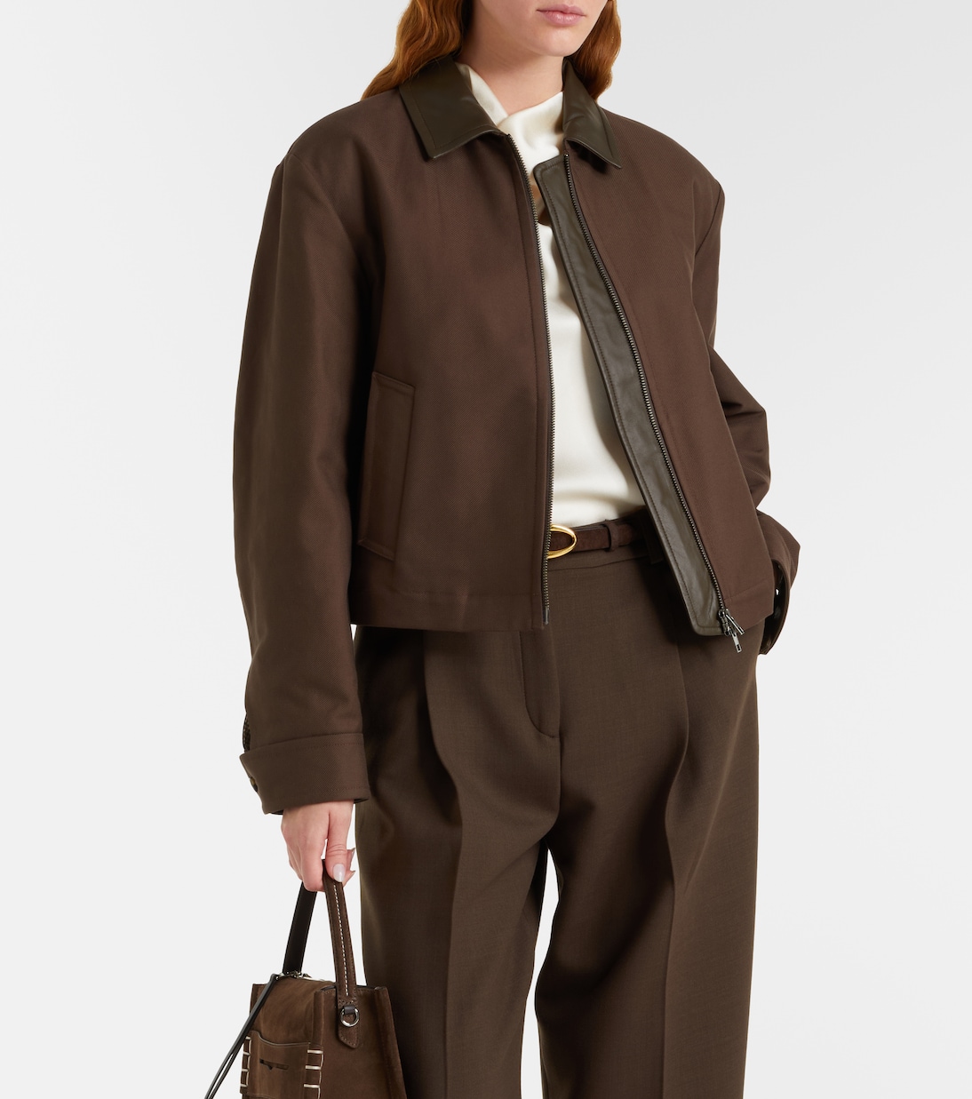 Cropped leather-trimmed cotton twill jacket | Vince