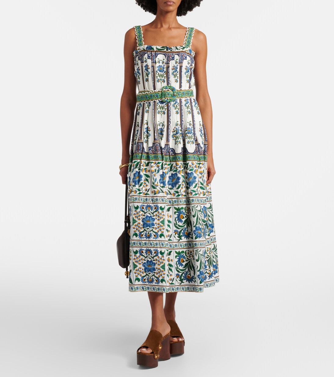 Manoela belted floral linen-blend pleated midi dress | Farm Rio