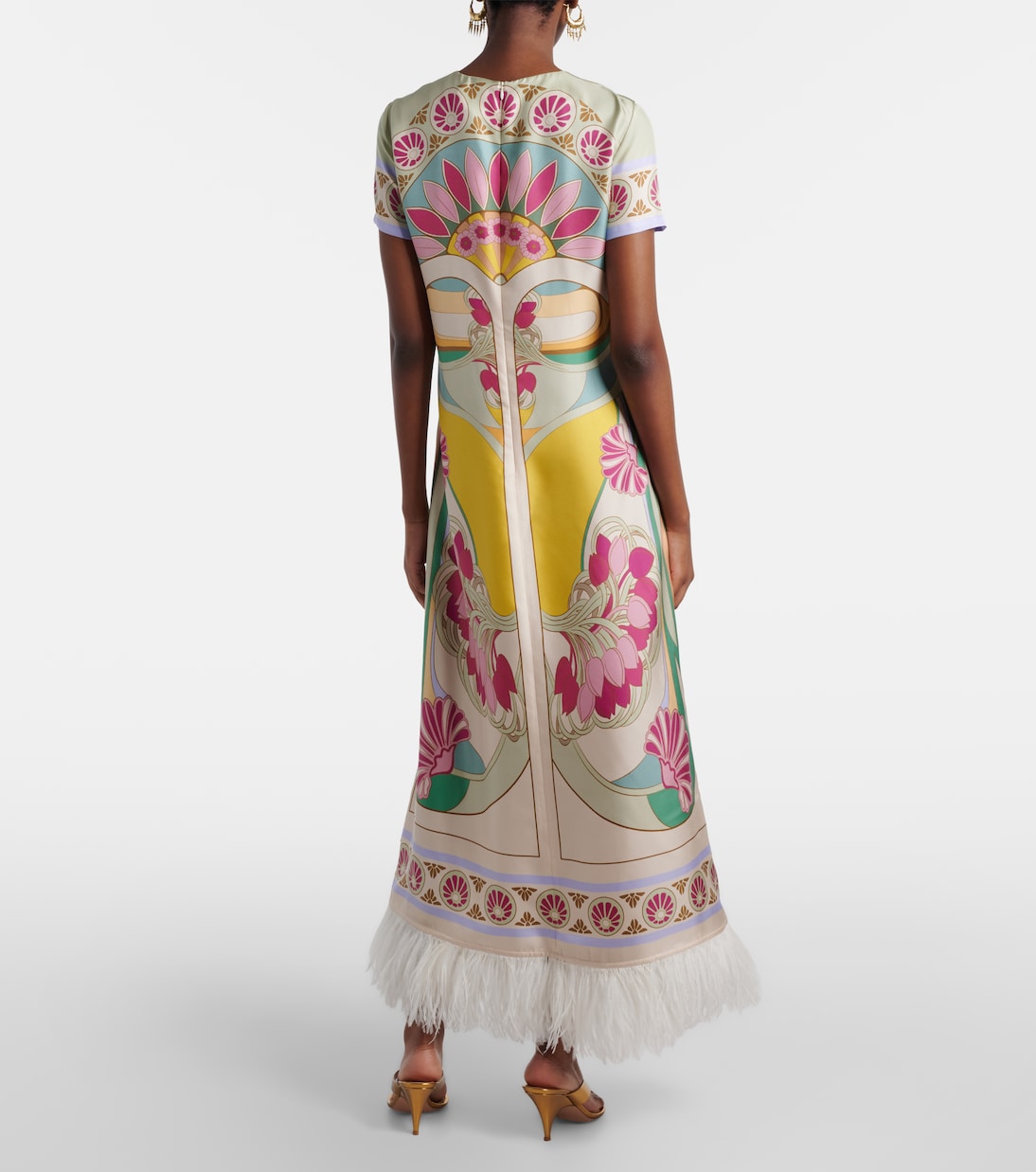 Maxikleid Swing aus Seiden-Twill mit Federn | La DoubleJ