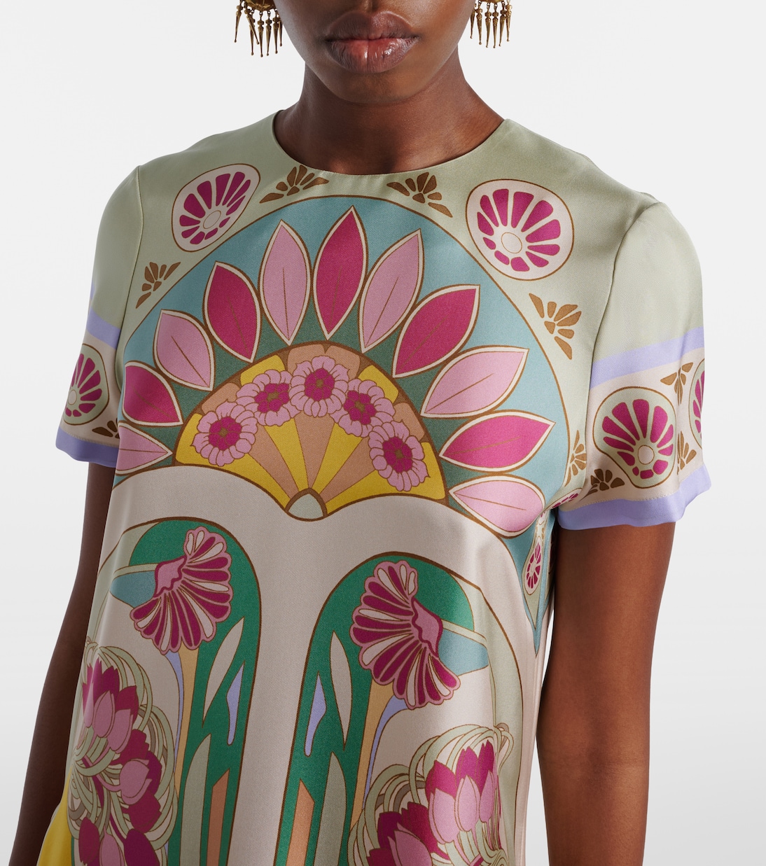 Maxikleid Swing aus Seiden-Twill mit Federn | La DoubleJ