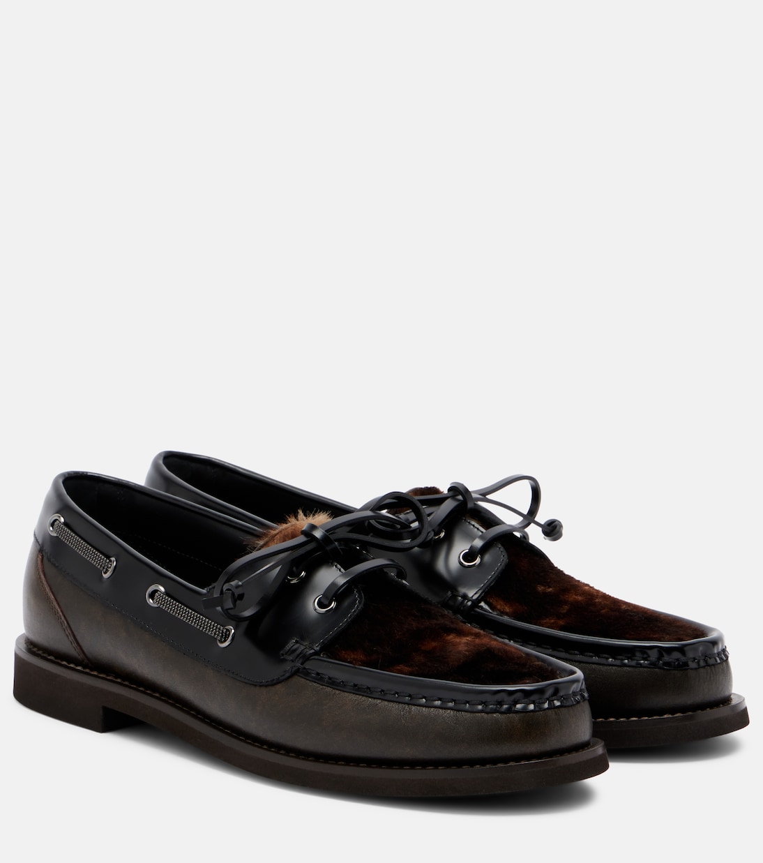 Monili calf hair-trimmed leather boat shoes | Brunello Cucinelli