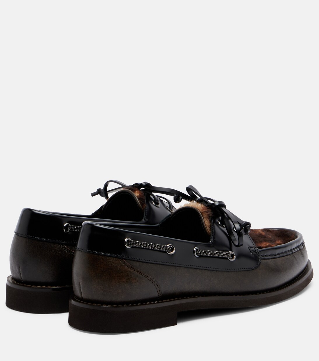 Monili calf hair-trimmed leather boat shoes | Brunello Cucinelli