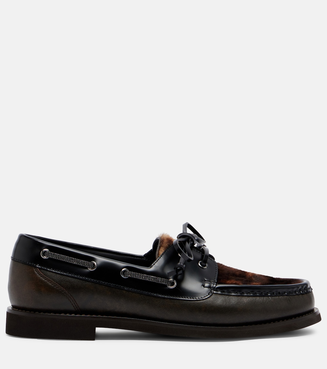 Monili calf hair-trimmed leather boat shoes | Brunello Cucinelli