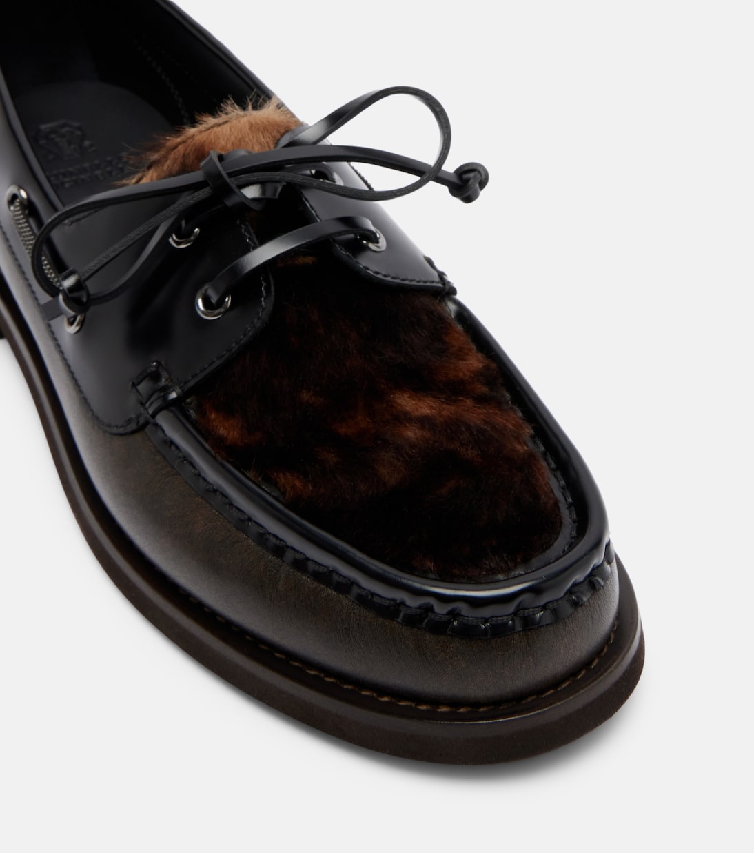 Monili calf hair-trimmed leather boat shoes | Brunello Cucinelli