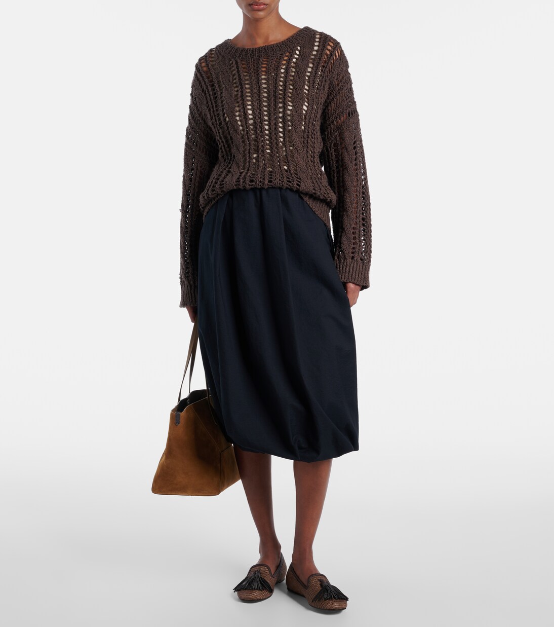 Gathered cotton-blend midi skirt | Brunello Cucinelli