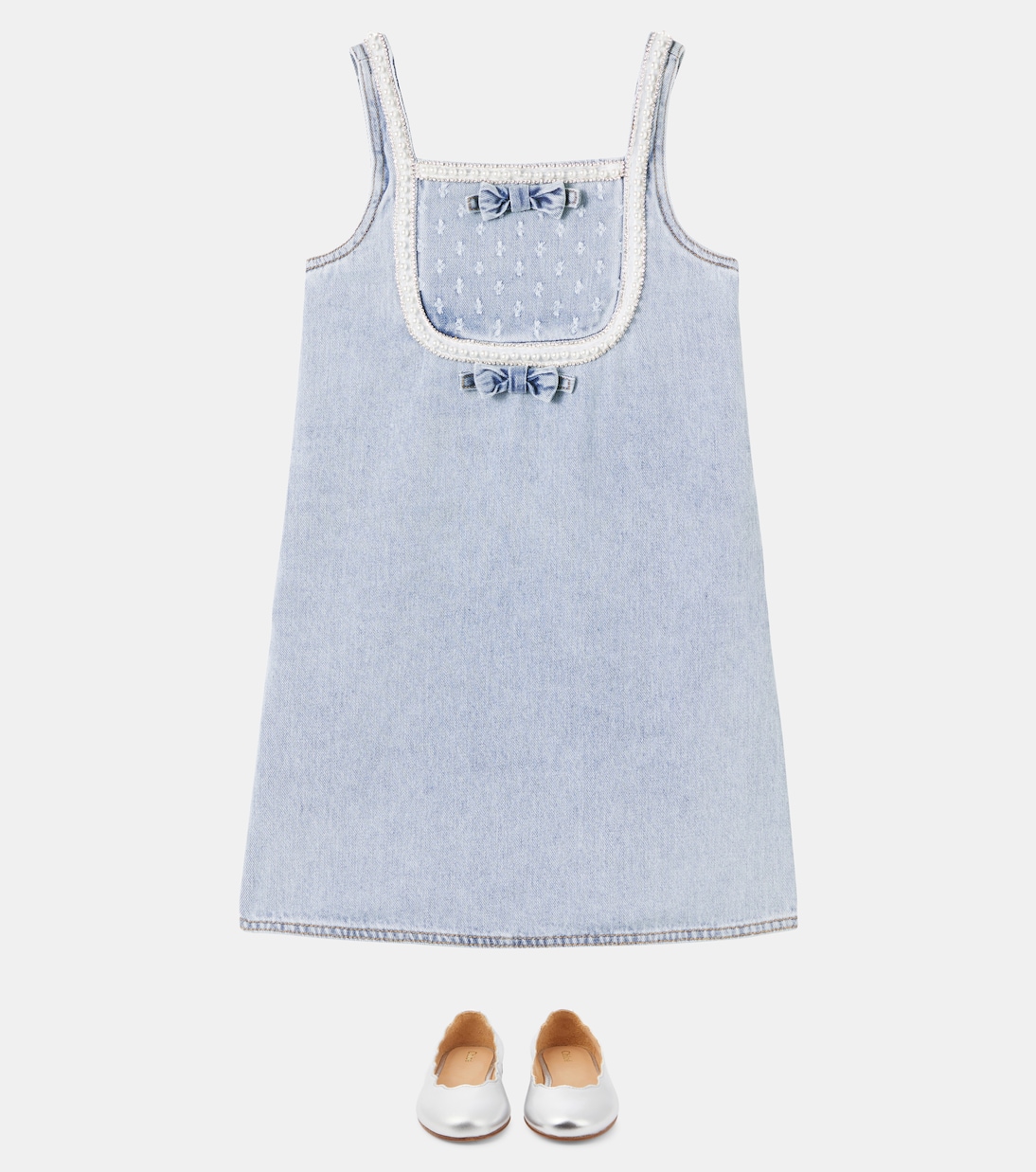 Bow-detail embellished denim dress | Self-Portrait Kids