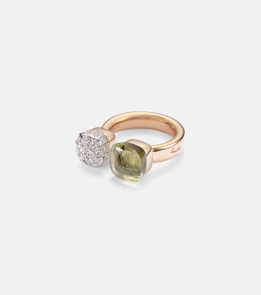Nudo 18kt rose and white gold ring with diamonds and prasiolite  | Pomellato