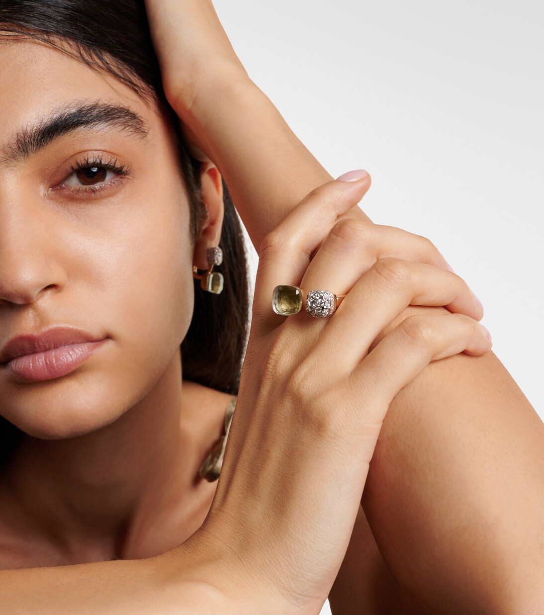 Nudo 18kt rose and white gold ring with diamonds and prasiolite  | Pomellato