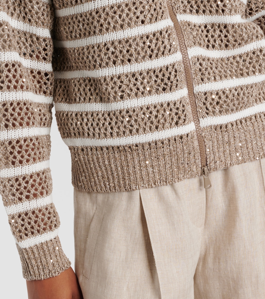 Sequined striped linen-blend cardigan | Brunello Cucinelli