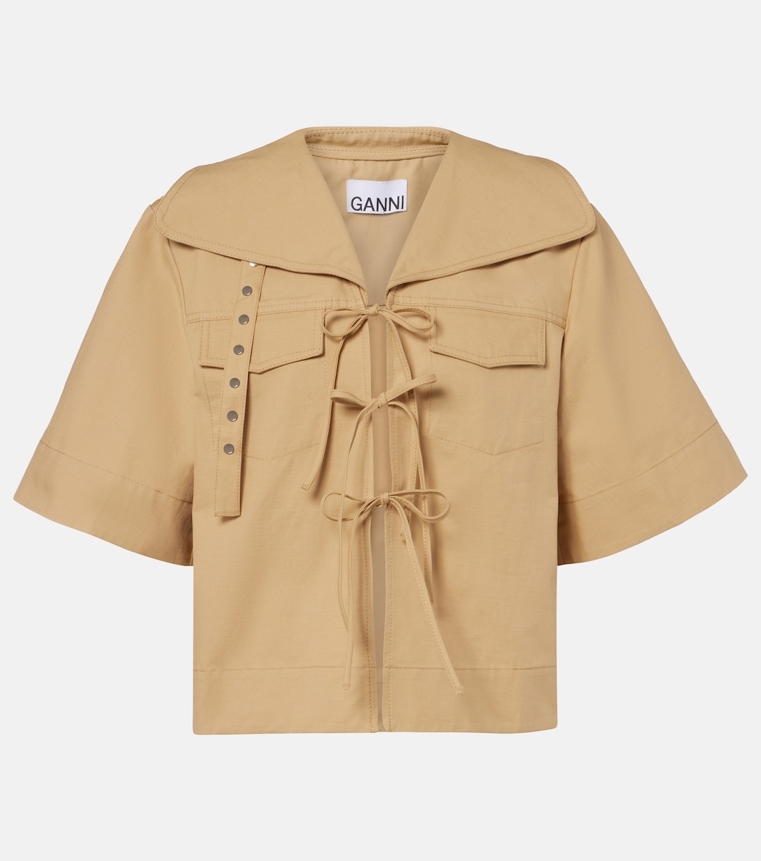 Bow-detail cotton and linen top | Ganni