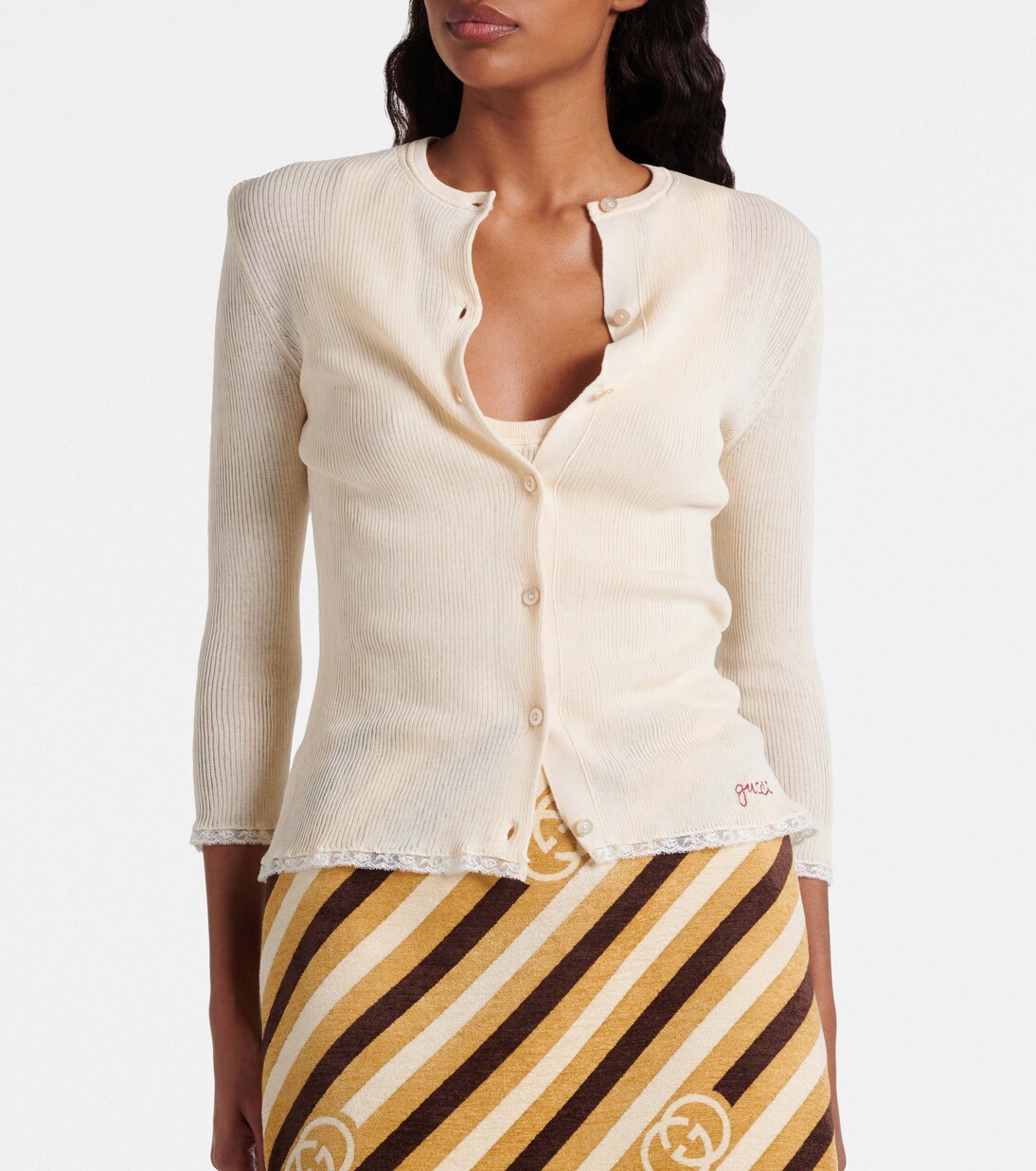 Lace-trimmed ribbed-knit cotton cardigan | Gucci