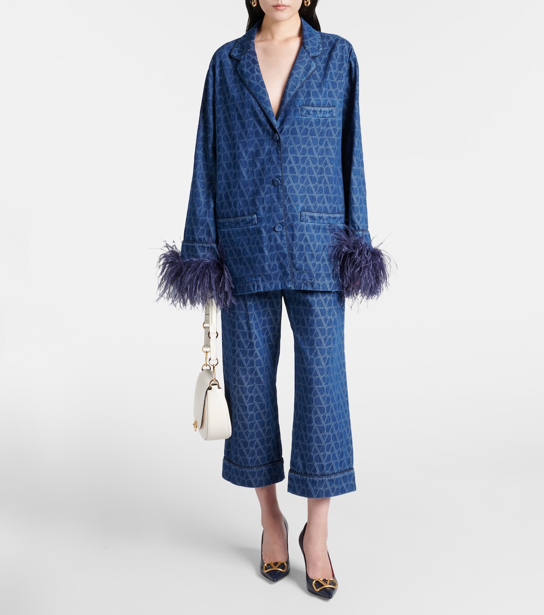 Feather-trimmed denim shirt | Valentino