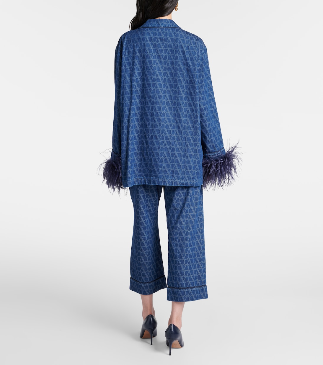 Feather-trimmed denim shirt | Valentino