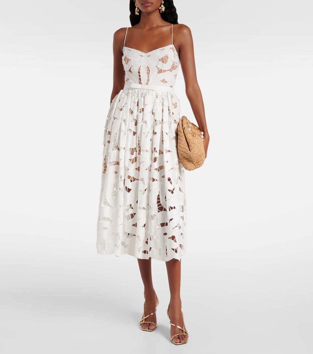 Bow lace linen and cotton midi dress | Self-Portrait