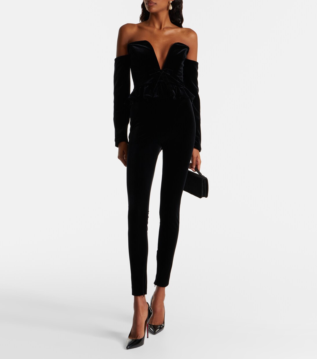 Bow-detail ruffled off-shoulder velvet jumpsuit | Alessandra Rich